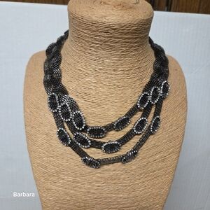 3-strand Gunmetal Mesh Tractor Chain with Oval Crystal Surround Necklace